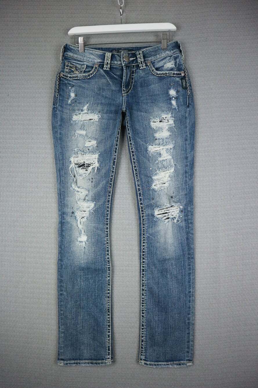 Silver Jeans Co Suki Flap Slim Womens Distressed Denim Jeans 26x31